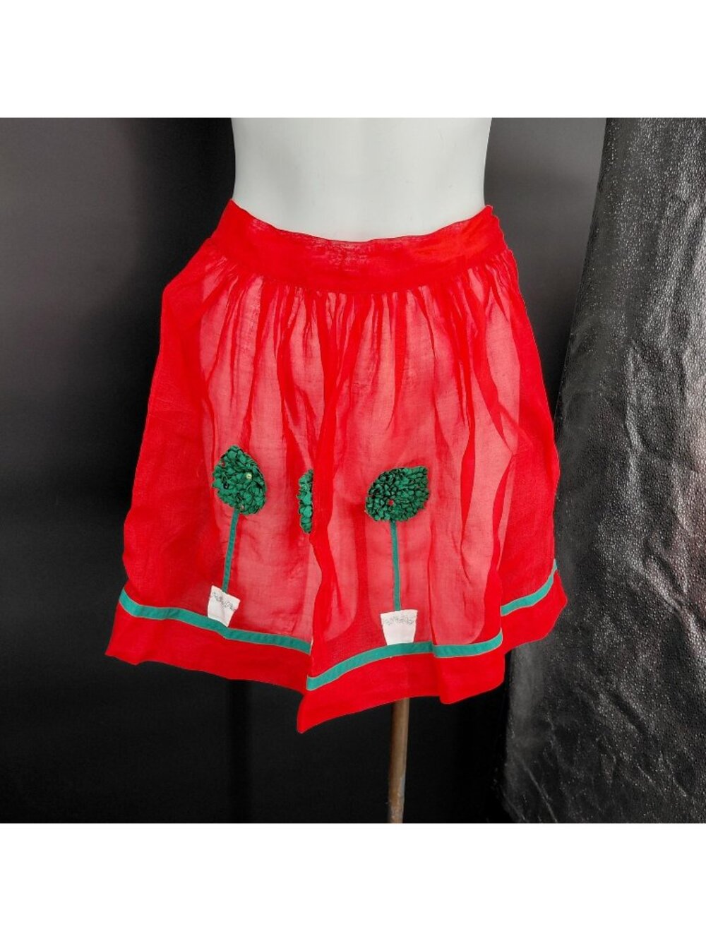 Vint Handmade Red Waist Apron Topiary Trees Organza Kitchen Retro Christmas